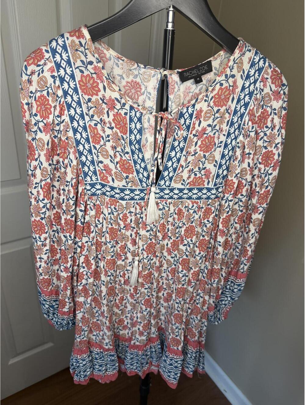 Rachel Zoe Boho Floral Tunic Top Tassel Tie Medium